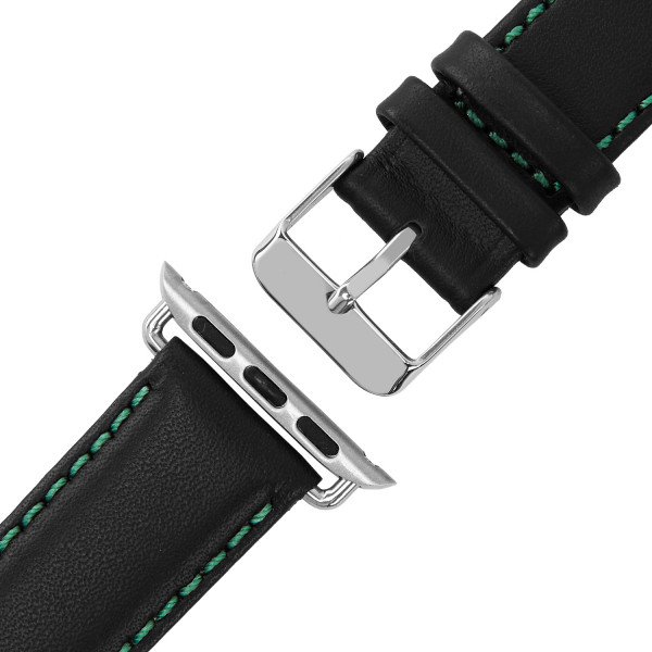 Schwarzes Echt Lederarmband mit grüner Naht für Apple Watch Series