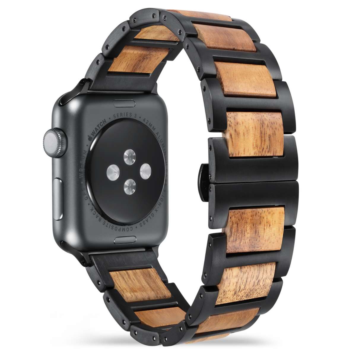 Schwarzes Holz Armband für die Apple Watch 1 bis 6 mit hellbrauner Holz