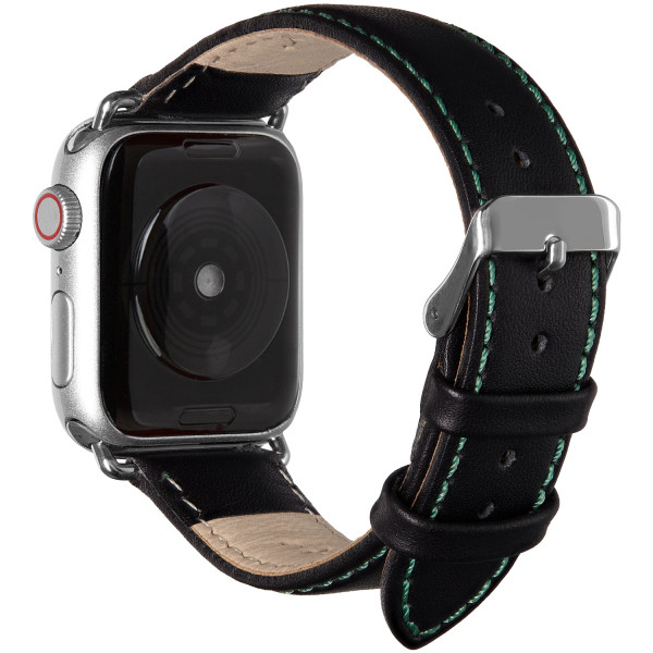 Echt Lederarmband für die Apple Watch in schwarz mit grüner Naht