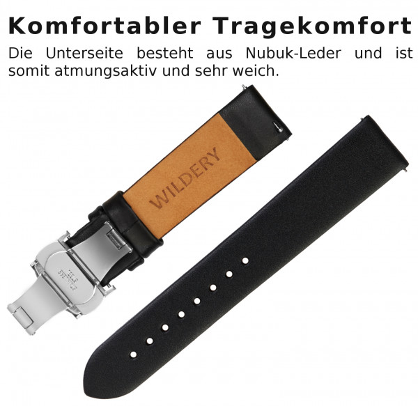 Schwarzes echt Leder Armband für die Samsung Watch mit Quick Release und Faltschließe