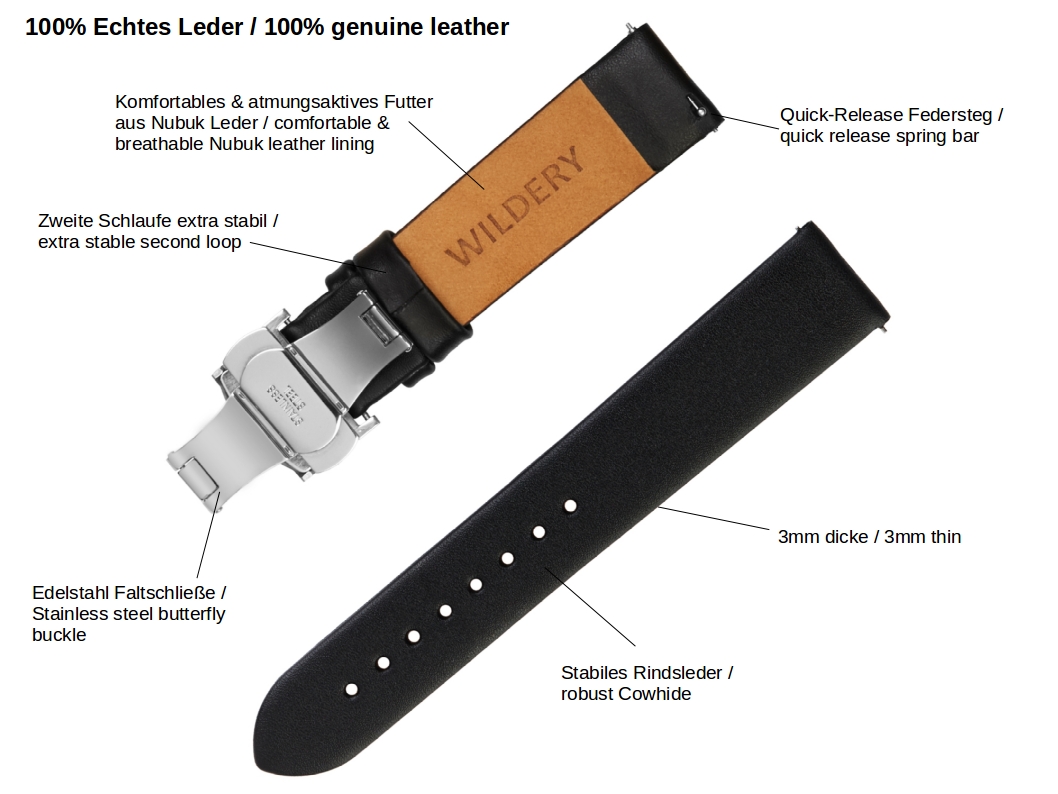 Echt Lederarmband für Samsung Galaxy Watch Classic Frontier mit Quick Release Steh und Faltschließe in schwarz